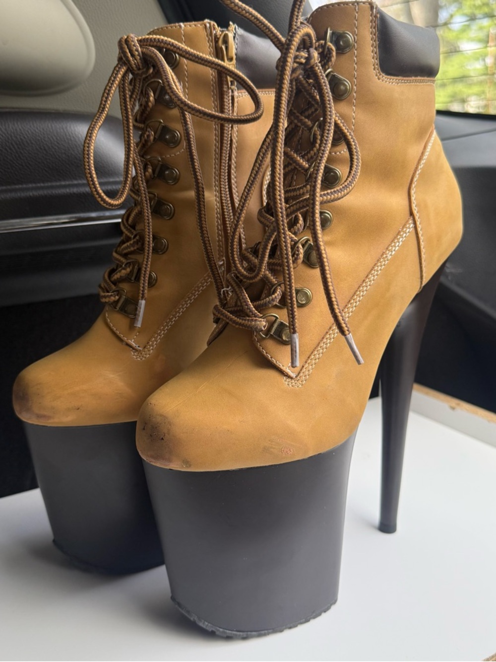 Pleaser Tan and Brown 9” High Heel Ankle Boots Timberlands